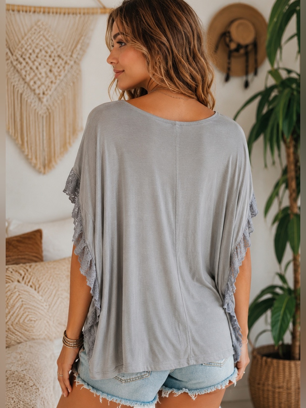POL Lace Ribbed Boho Top – Size Medium – Soft Gray NWOT - Picture 2 of 7